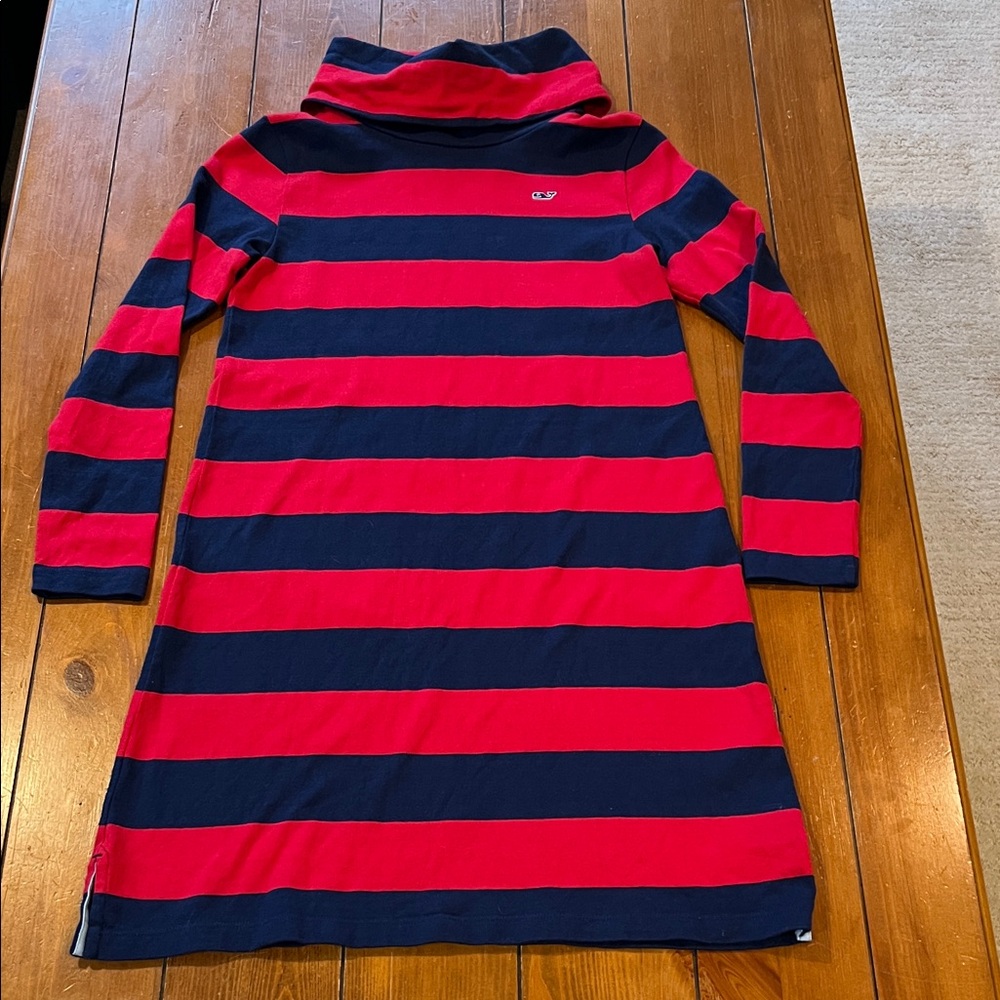Vineyard Vines Cove Blue Red Rugby Striped Cowl Neck Dress Girls Size L EUC
